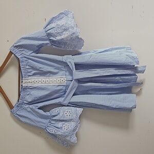 Off Shoulder Blue White Striped Dress Lace Bell Sleeve Babydoll Boho Size 4